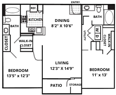 Floor plan for 2 beds, 2 baths, 1057 sqft